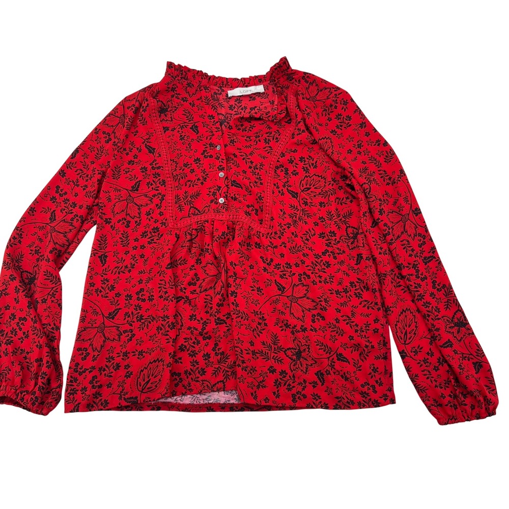 LOFT Red Black Floral Print Ruffle Neck Buttonβ Up Peasant Blouse Top M